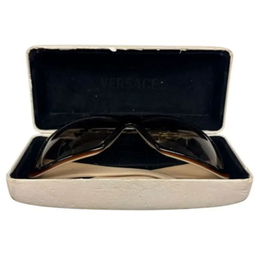 Versace Model 4069-B Sunglasses Beige Tan Crystal Greca Pattern Wrap/Shield Y2k
